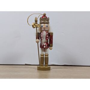 Red Glitter Nutcracker Ornament King Soldier Figure Christmas Decor w/ Staff